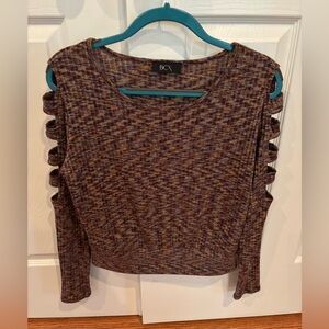 BCX Marled Knit Cold Shoulder Top Medium Caged Sleeve Long Sleeve Boho